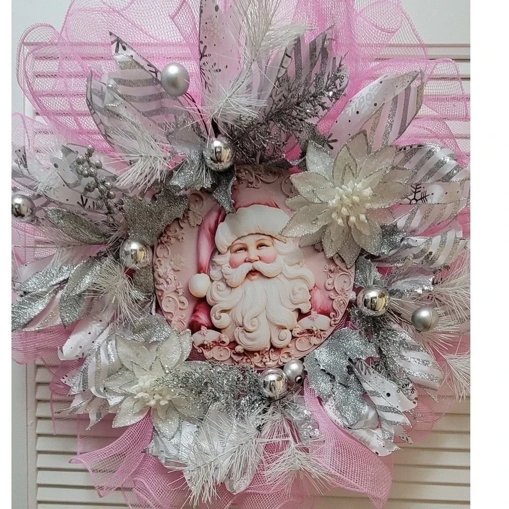 Pink silver Santa sparkle Christmas Wreath  Glitter Deco Mesh Unique Decor 24in
